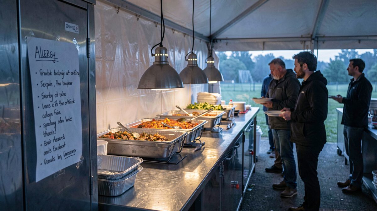 A stainless steel serving counter in a film unit tent at dawn, trays of hot food under lamps, a handwritten allergy list taped to the side panel, a line of crew members with plates waiting, cold blue light outside the tent opening.