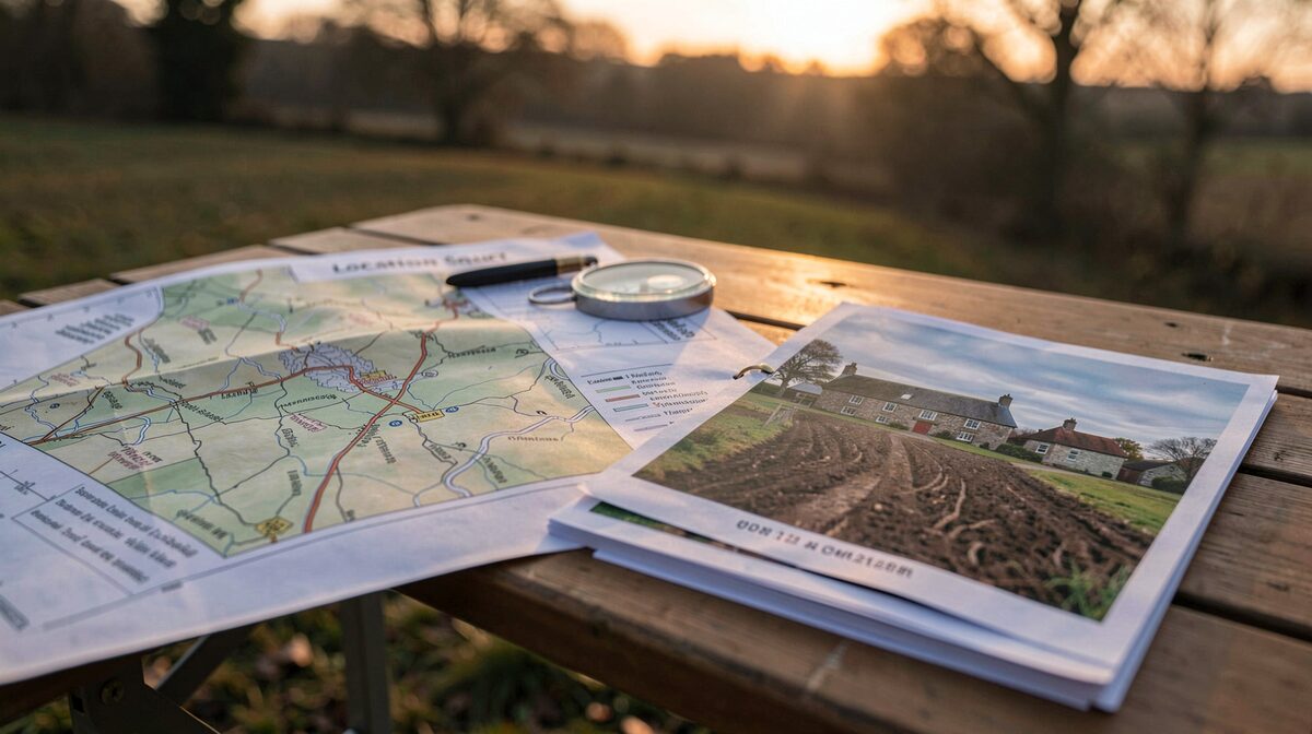 A printed location scout file open on a folding table at dawn, with a topographical map, a compass, and a stack of timestamped landscape photographs showing a stone farmhouse and a plowed field under low side light.