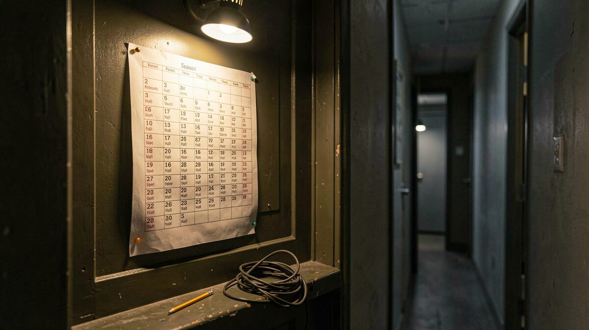 A printed season calendar taped to a backstage door, its columns of dates and hall names lit by a single overhead work light, with a coiled headset cable and a pencil resting on the ledge below.